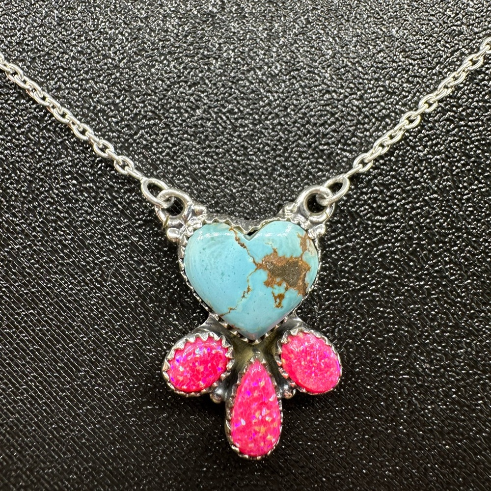 Sterling Silver 925 Golden Hills Turquoise & Pink Opal Pendant Necklace Handmade
